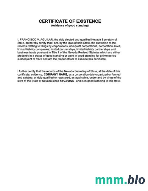 USA Nevada vcertyfikat of existence Word i szablon PDF